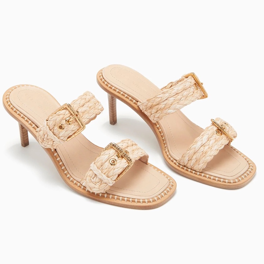 NEW | ULLA JOHNSON | Ellery Raffia Dual-Buckle Slide Heeled Sandals